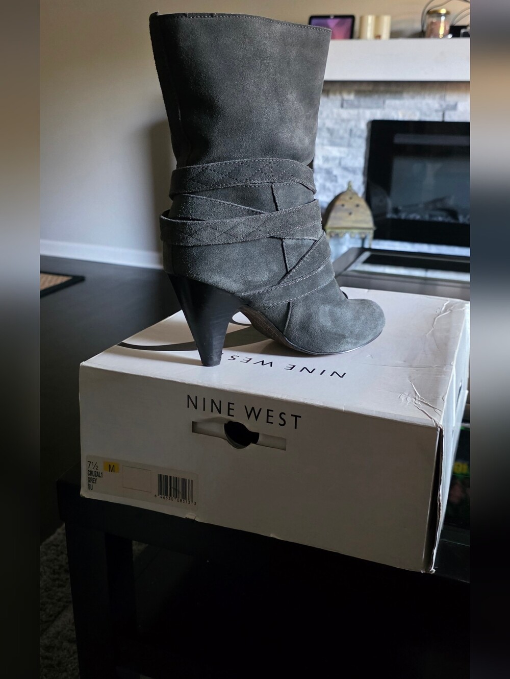 Nine West Charcoal Suede Mid-Heel Ankle Boots with Wrap Straps - Picture 2 of 2